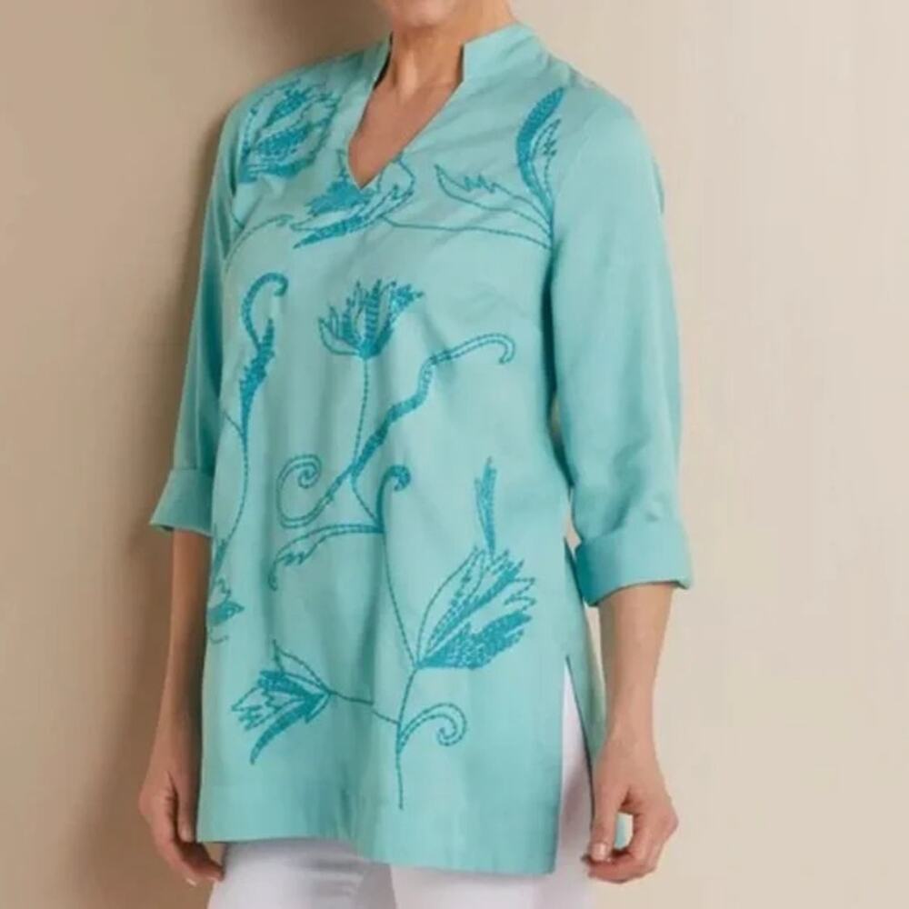 Soft Surroundings Womens‎ Tunic M Artista Turquoise Blue Embroidered Floral NEW